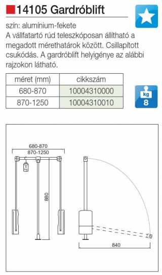 GARDRÓB - GARDRÓBLIFT 14105.002 680-870 mm KRÓM-FEKETE #2